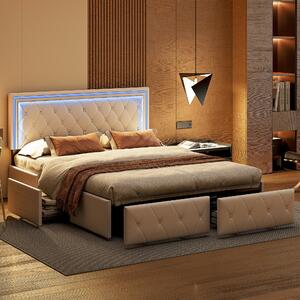 Letto imbottito Fortuna Lai 160x200cm con LED, testata regolabile in altezza e 4 cassetti, letto matrimoniale funzionale con rete a doghe e rivestimento in Pelle finta, bianco