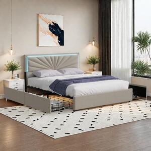 Letto imbottito Fortuna Lai 160x200 cm, testata regolabile in altezza, 4 cassetti, LED, lino, beige