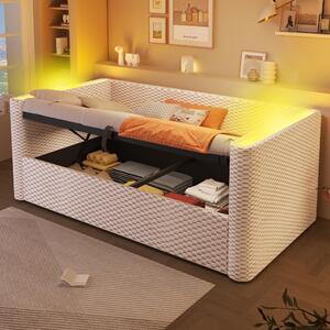 Divano letto 90x200 cm con rivestimento in velluto color beige, spazio contenitore con sistema idraulico e illuminazione LED multicolore, ideale per soggiorno e camera da letto