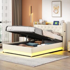 Letto imbottito Fortuna Lai 160x200cm con strisce luminose a LED e connessione di ricarica USB, letto funzionale idraulico con contenitore, letto matrimoniale con rete a doghe e testiera per adulti e ragazzi, beige