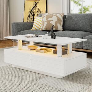 Fortuna Lai Tavolino LED bianco con funzione di archiviazione, tavolino da salotto LED in acrilico, tavolino ausiliario, tavolino rettangolare a doppio strato con controllo tramite app Bluetooth per cellulare, adatto per feste, uffici