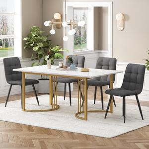 Fortuna Lai, set da pranzo (5 pezzi), tavolo da pranzo con 4 sedie, set moderno per cucina, tavolo da cucina 140x80 cm con gambe in metallo dorato, piano del tavolo in MDF bianco, sedie da pranzo in tessuto color grigio scuro