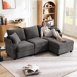 Divano ad angolo a forma di L, modello Cord, 3 posti, color grigio scuro, con poggiapiedi e cuscini, dotato di porta USB integrata e portabicchieri, dimensioni 213x139x87 cm