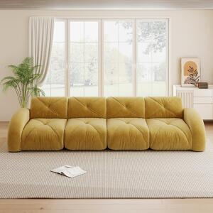 Divano modulare giallo, divano a quattro posti senza struttura, realizzato in tessuto chenille. Design antiscivolo, dimensioni 358x95x76 cm, non richiede montaggio