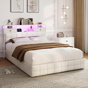 Letto imbottito REMZETTA, 140x200 cm, beige, con LED, USB e porta Type-C, testiera contenitore e contenitore a cassetti
