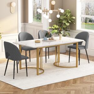 Fortuna Lai, set da pranzo (tavolo da pranzo 140x80 cm con 4 sedie), set moderno per cucina, sedia da pranzo in velluto con motivo a diamante, gambe della sedia regolabili, velluto grigio, piano del tavolo in MDF bianco, gambe del tavolo dorate