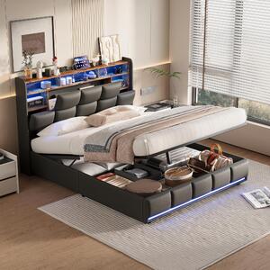 Letto imbottito idraulico Fortuna Lai 140x190cm con USB, letto per ragazzi letto matrimoniale con Led, letto contenitore letto per ragazzi con rete a doghe, Pelle finta, nero