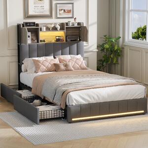 Letto imbottito Fortuna Lai 90x200cm con USB, prese e LED, letto per ragazzi letto singolo con 4 cassetti, letto contenitore letto in legno massiccio con rete a doghe, lino, grigio