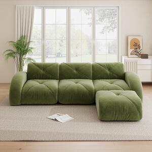 Divano modulare a forma di L, verde, divano a 3 posti in velluto con poggiapiedi. Design senza telaio, base antiscivolo, dimensioni 281x171x76 cm