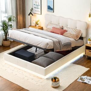 Letto imbottito Fortuna Lai con illuminazione a LED e contenitore, 140x190 cm, con rete idraulica, testata con rivestimento in velluto, beige, senza materasso