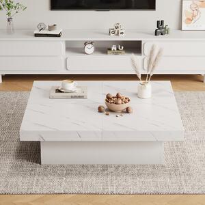 Tavolino quadrato bianco, dimensioni 90x90x25 cm, realizzato in pannello di particelle con finitura effetto marmo, dotato di quattro cassetti e piano scorrevole, ideale per il soggiorno