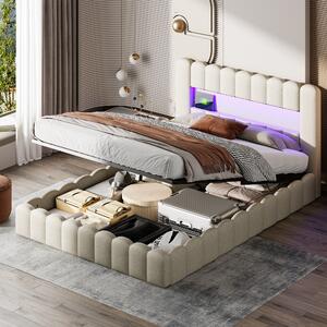 Letto imbottito Fortuna Lai 180x200cm con USB, letto per ragazzi letto matrimoniale con rete a doghe e contenitore, letto contenitore con LED, lino, beige