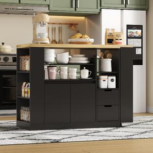 Isola da cucina con piano di lavoro estendibile, dimensioni 115x50x92 cm, realizzata in MDF nero/naturale, con spazio contenitivo per cucina, sala da pranzo e angolo bar