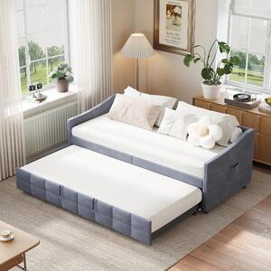 Divano letto Fortuna Lai, velluto, grigio, 90x200cm/90x200cm, con rete a doghe e braccioli, moderno, max. 300 kg, 45 kg