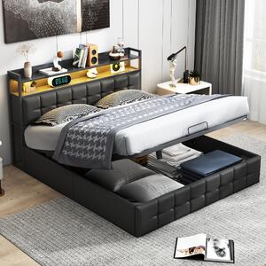 Letto imbottito Fortuna Lai 140x200cm con USB e prese di corrente, letto per ragazzi letto matrimoniale con rete a doghe e contenitore, letto contenitore con LED, Pelle finta, nero