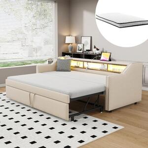 Divano letto 90x190 cm, estendibile a 180x190 cm, rivestito in lino beige, con tre vani contenitori, ideale per soggiorni, camere da letto e stanze per gli ospiti