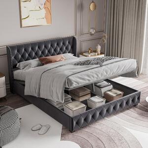 Letto imbottito 140x190 cm con spazio contenitore a sollevamento idraulico, rivestito in velluto, con rete a listelli, testiera Chesterfield, adatto per un materasso matrimoniale (capacità fino a 500 kg), colore grigio, senza materasso