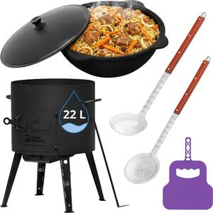 Fornello da campo Utschak Ø49 cm Set da cucina con Kazan da 22 L Uchag in acciaio da 2 mm Учак Казан Учаг Griglia, mestolo, mestolo da minestra Utschag Kasan Cucina da campo Cucina all'aperto Fornello per stufati Fornello da campo