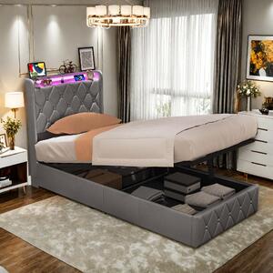 Letto imbottito REMZETTA, 90 x 200 cm, letto singolo con contenitore e meccanismo di sollevamento idraulico, testiera imbottita, tessuto velluto, colore grigio