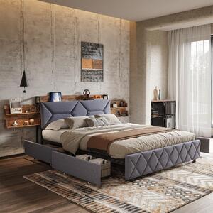 Letto imbottito 160x200 cm, letto contenitore con 4 ampi cassetti, letto matrimoniale con connessioni USB e Type-C, testiera contenitore con poggiatesta ergonomico, letto per ragazzi letto per adulti, grigio