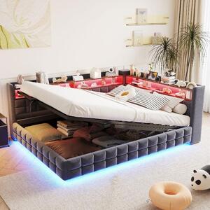 Divano letto 140x200 cm con vano contenitore a pistone idraulico, striscia LED, presa di corrente, porte USB e di tipo C, rivestito in velluto grigio con scaffali in legno