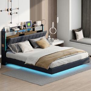 Letto imbottito Fortuna Lai 140x200cm matrimoniale con USB e Led, letto galleggiante con rete a doghe e testiera, letto contenitore, letto funzionale, lino, grigio