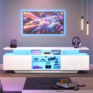 Mobile TV da 160x40x45 cm in bianco, realizzata in MDF con ante lucide, illuminazione a LED e 8 ripiani, ideale per televisori da 70 pollici, perfetta per il soggiorno