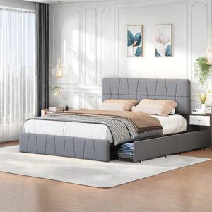 Letto imbottito Fortuna Lai 160x200cm con 4 cassetti e rete a doghe, letto contenitore letto funzionale letto matrimoniale in legno, velluto, grigio