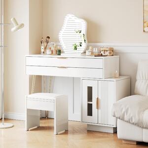 Fortuna Lai Tavolo da toeletta con specchio illuminato a LED, Set da toeletta bianco con design estraibile, moderno tavolo da toeletta per la camera da letto - Dimensioni: L100/H78/P40 cm (senza sgabello) (vecchio codice RN3190845AAW)