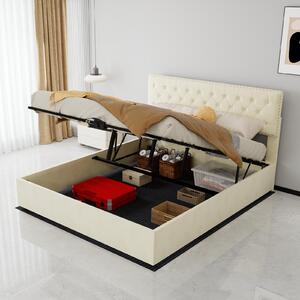 Letto imbottito 160x200 cm, color beige, con rivestimento in velluto, alta testiera decorata con borchie, spazio contenitore e sistema di sollevamento idraulico, ideale per la camera da letto