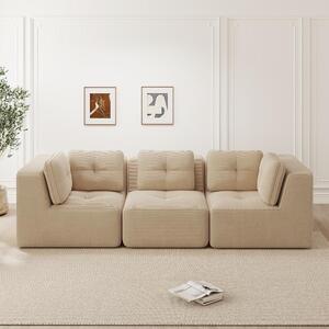 Divano angolare senza cornice, modulare, con rivestimento in corda, composto da 3 posti, colore beige, larghezza 297 cm, seduta profonda, non richiede montaggio
