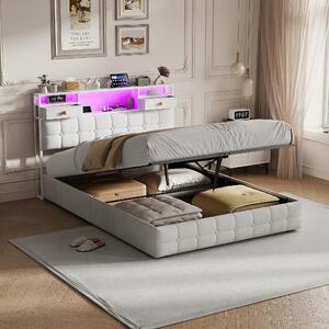 Letto imbottito REMZETTA, 160 x 200 cm, con contenitore, sistema di sollevamento idraulico, 2 cassetti nella testiera e illuminazione LED, color beige, per adulti