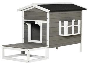 Fortuna Lai Casa per gatti con terrazza e balcone per gatti e cani, legno di abete grigio e bianco, 115 x 66,5 x 74,7 cm