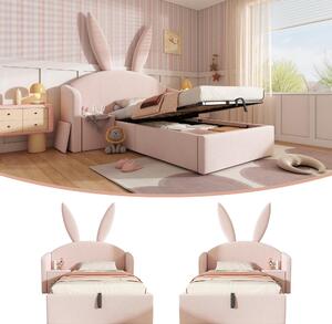 Letto imbottito 90x200 cm, color rosa, in velluto, con spazio contenitore e comodino integrato, ideale per la camera da letto
