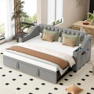 Divano letto imbottito Fortuna Lai, 90/180*190 cm, braccioli più larghi e spessi con porta USB, vano portaoggetti integrato nei braccioli, con tasche portaoggetti, con rete a doghe, tessuto in velluto, grigio