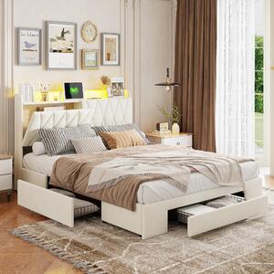 Letto imbottito Fortuna Lai 140x200cm con USB e prese di corrente, letto per ragazzi letto matrimoniale con 3 cassetti, letto contenitore letto in legno massiccio con LED e rete a doghe, velluto, beige