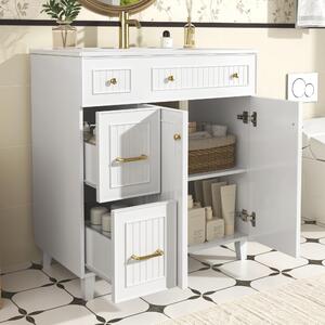 Mobile bagno Fortuna Lai con lavabo 81,7 cm - Mobile bagno a colonna con lavabo in Vetroceramica, superficie laccata, spazio contenitivo multifunzionale e piedini in legno massello dal design moderno e lussuoso - bianco