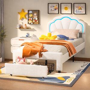 Letto imbottito Fortuna Lai 90x200 cm, letto per bambini LED con testata a fiore, rete a doghe, velluto, bianco