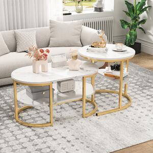 Set di 2 tavolini Fortuna Lai, set di tavolini con effetto marmo, set di tavolini da salotto con struttura in metallo, tavolino moderno per soggiorno, camera da letto, ufficio, max. 50 kg (Golden)