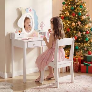 Costway Toeletta trucco con tavolino sgabello e specchio rimovibile, Specchiera ad unicorno con luci per bambini 3-6 anni Bianco