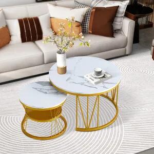 Tavolino Fortuna Lai 2 in 1 set di tavolini in look marmo, set di 2 tavolini con ripiano, Ø 70 x 45/Ø 45 x 40 cm, struttura in metallo