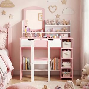 Costway Toletta trucco per bambini 3-7 anni con tavolino e sgabello, Toletta trucco con scaffale libreria e ripiano per studio e gioco