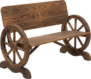 Panchina da giardino Fortuna Lai a 2 posti in legno massello con braccioli, panchina con design a ruote di carro, mobili da giardino con portata massima 250 kg, panchina rustica, 114 x 58 x 80 cm, marrone