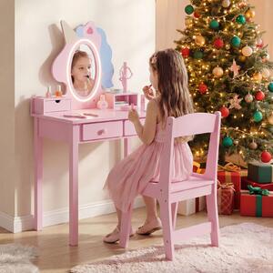 Costway Toeletta trucco con tavolino sgabello e specchio rimovibile, Specchiera ad unicorno con luci per bambini 3-6 anni Rosa