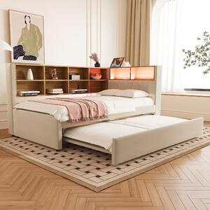 Divano letto Fortuna Lai 90*200, letto estraibile 90*190, dotato di luci a LED, prese elettriche e numerosi vani portaoggetti, letto imbottito, divano letto multifunzionale, letto singolo, flanella, beige