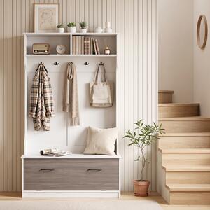 Costway Appendiabiti da terra con panca da scarpe per Ingresso e Corridoio, Mobile attaccapanni in legno per ingresso e corridoio Bianco