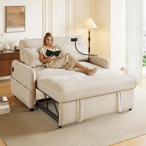 Divano letto a due posti, color beige, multifunzionale, ideale per l'home cinema, realizzato in tessuto di chenille, con porta USB e schienale regolabile