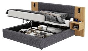 Letto imbottito 160x200 cm con 2 comodini, letto con sistema di sollevamento idraulico e spazio contenitore, dotato di porta USB e illuminazione, in velluto grigio e naturale, ideale per la camera da letto