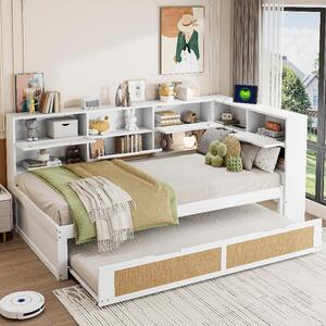 Divano letto imbottito 90x200 con porta USB, letto singolo con rete a scomparsa 90x190 e vani contenitori, struttura letto bianca per cameretta