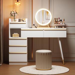 Comò da trucco Fortuna Lai con piano estensibile, 6 cassetti e pomelli dorati, specchio LED con luce regolabile, colore bianco. Dimensioni: 102 x 100 x 41,5 cm (altezza x larghezza x profondità). Panca non inclusa